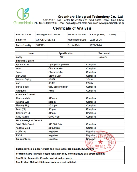 Ginseng Powder COA
