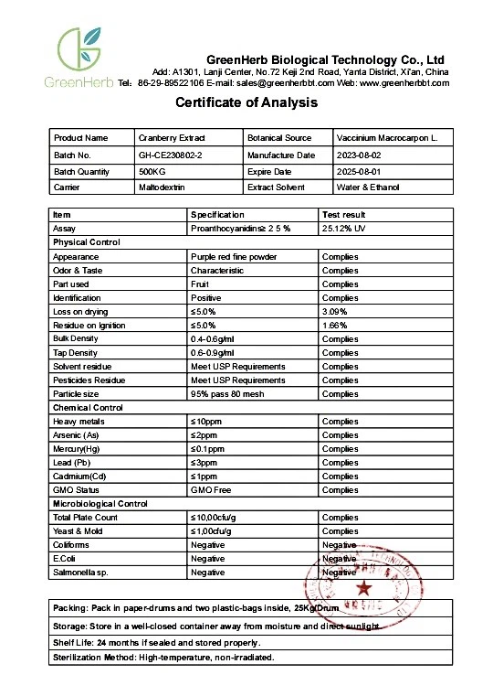 Cranberry Juice Powder COA