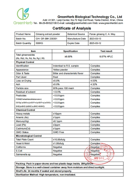 Ginseng Powder COA