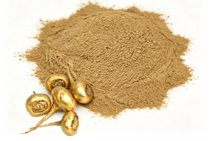 maca extract powder cream yellow brown close up