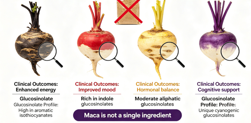 black red yellow maca ecotypes cross section comparison
