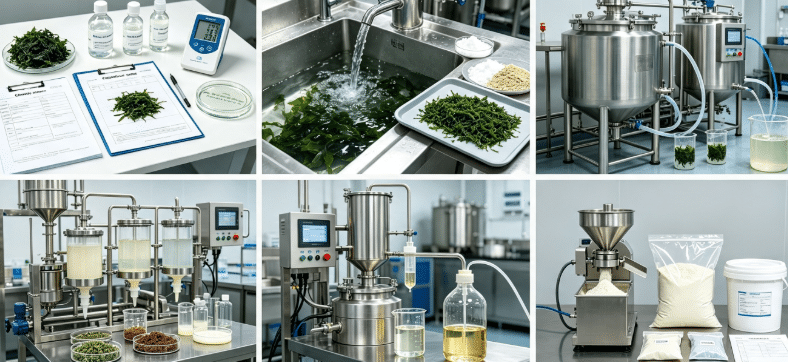 Aqueous extraction and spray drying process flowchart for irish sea moss extract production
